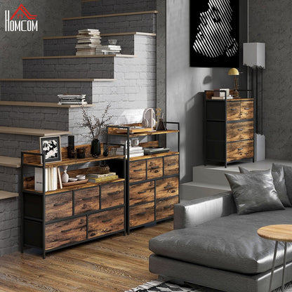 Retro Style Rustic Chest of Seven Fabric Drawers - Brown Wood Effect