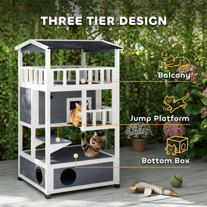 PawHut Wooden Outdoor Cat House, 3-Tier Cat Shelter with Tilted Roof, Terrace, Jump Step, Bottom Tray and Elevated Base, Waterproof Paint, Grey