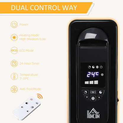 HOMCOM 1500W Cyfrowy Grzejnik Olejowy, 7 Żeberek, Przenośny Elektryczny Grzejnik z Wyświetlaczem LED, Wbudowanym Timerem, 3 Ustawienia Grzania, Wyłącznik Bezpieczeństwa i Pilot Zdalnego Sterowania, Czarny