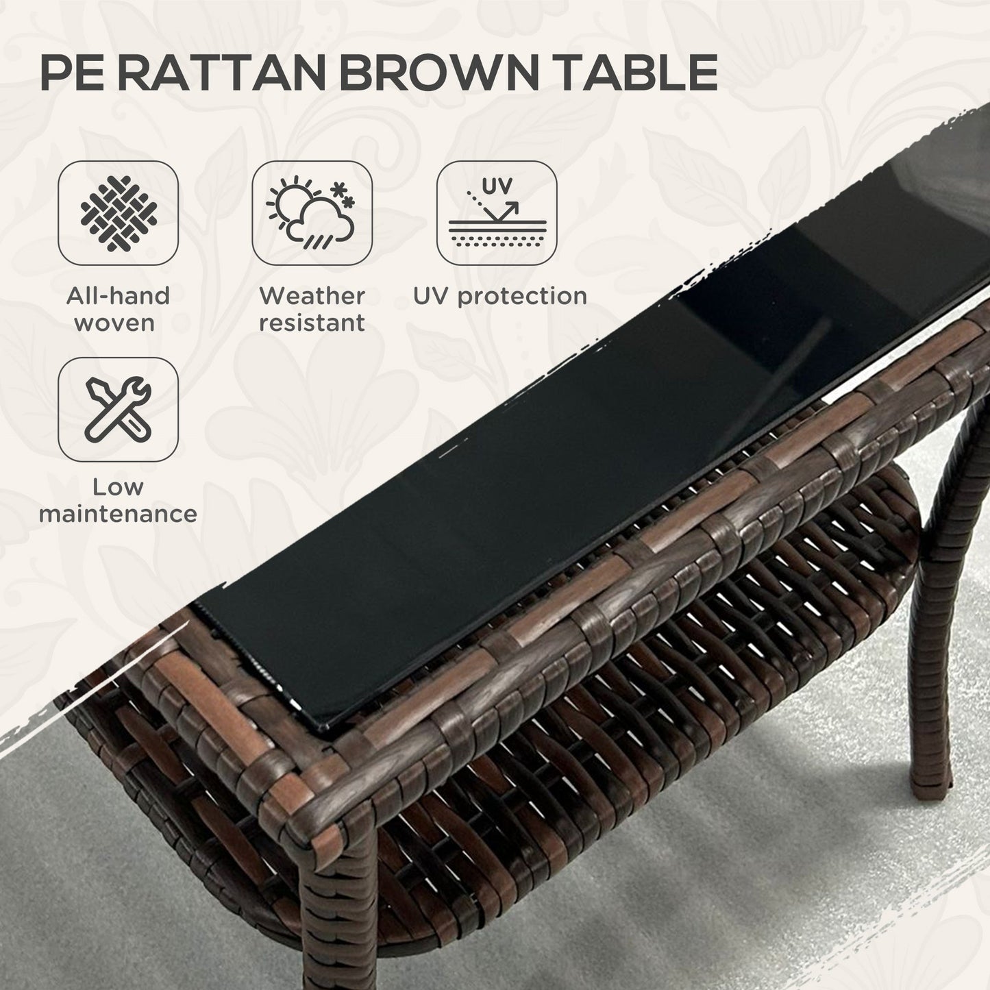 Outsunny 50cm Outdoor PE Rattan Coffee Table, Patio Wicker Two-tier Side Table with Glass Top, for Patio, Garden, Balcony, Brown