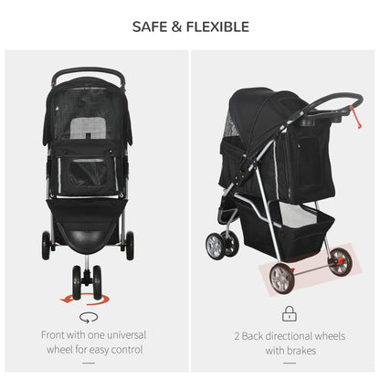 عربة أطفال PawHut Pet Travel Stroller مع غطاء للمطر، وعربة أطفال قابلة للطي بثلاث عجلات للقطط والكلاب مع سلة تخزين وحامل أكواب للكلاب الصغيرة (أسود)