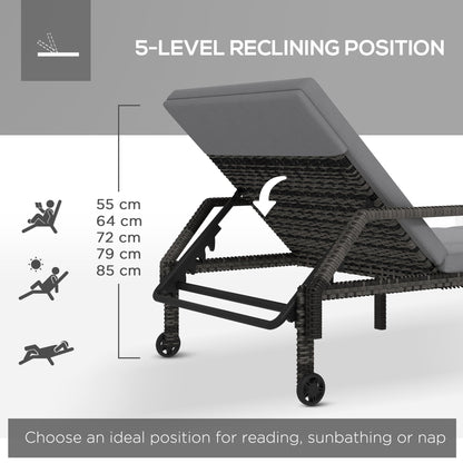 طقم كرسي استرخاء خارجي من الروطان PE من Outsunny مكون من قطعتين، كرسي استرخاء للحديقة من الخيزران مع مسند ظهر قابل للتعديل على 5 مستويات وعجلتين، باللون الرمادي