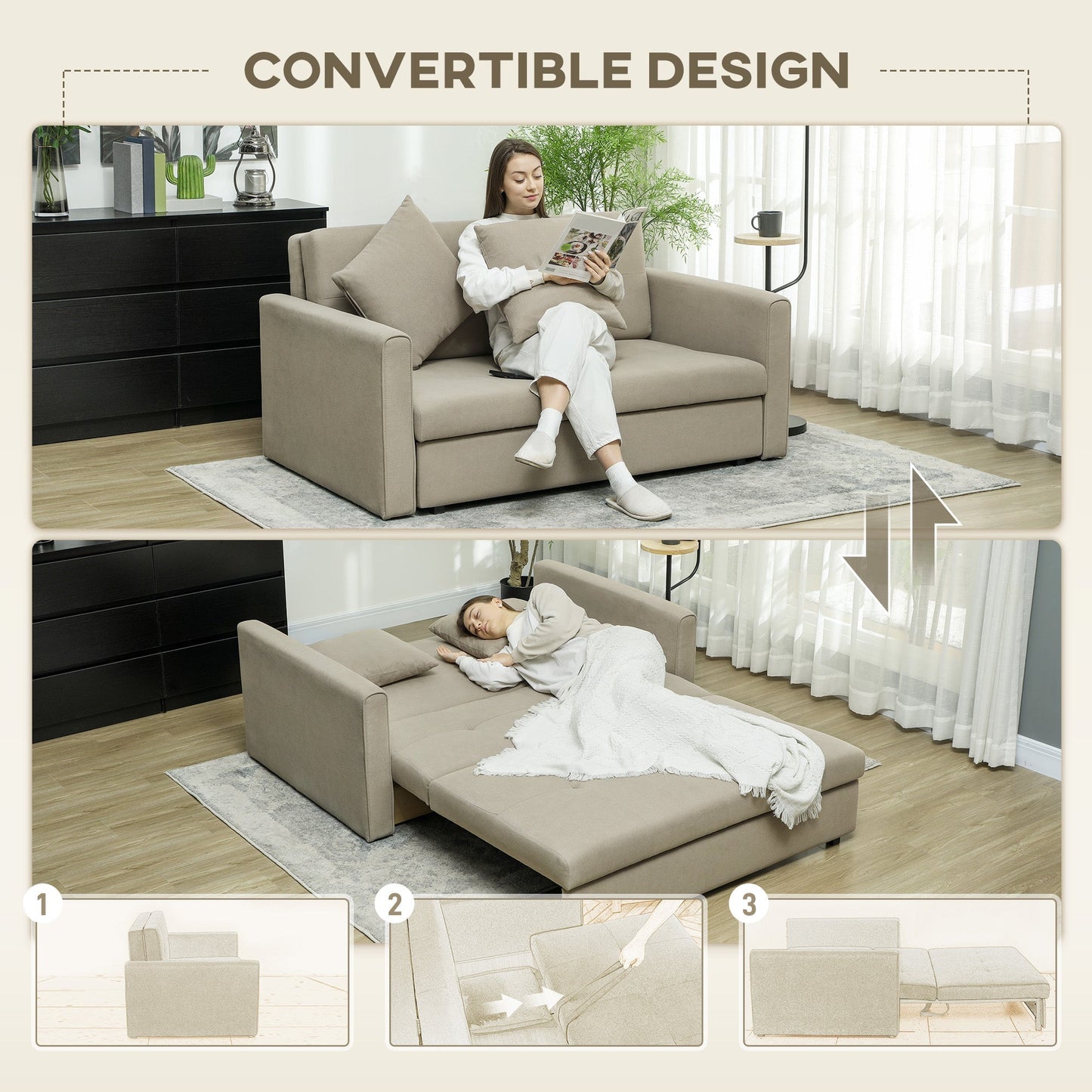 HOMCOM 2 Seater Sofa Bed with Hidden Storage, Pull Out Convertible Bed Settee, Modern Velvet Loveseat Sofa Sleeper with 2 Cushions for Living Room, Guest Room, Light Brown
