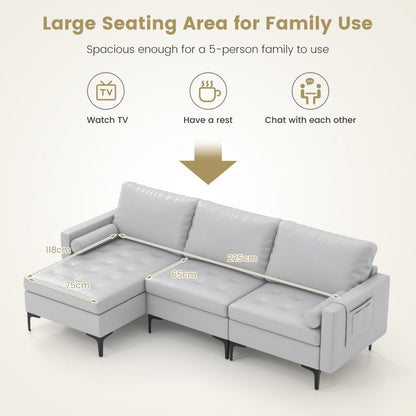 Extra Large L-Shaped Sofa with 4 USB Ports, Solid Metal Legs-Light Grey