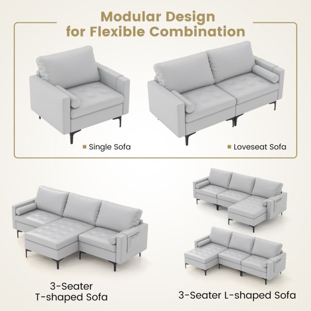 Extra Large L-Shaped Sofa with 4 USB Ports, Solid Metal Legs-Light Grey
