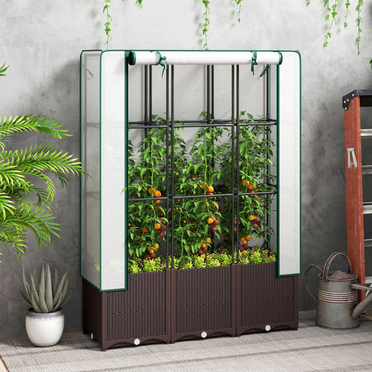 Podwyższona grządka ogrodowa Outsunny z kratownicą, plastikowa skrzynia z otworami drenażowymi i korkami spustowymi do roślin pnących, warzyw i kwiatów, 120 x 40 x 140 cm
