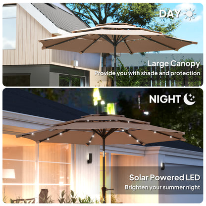 Parasol ogrodowy Outsunny 3-poziomowy z lampami solarnymi LED, UPF 30+, mechanizmem pochylania i korbą, do tarasu targowego, kolor khaki