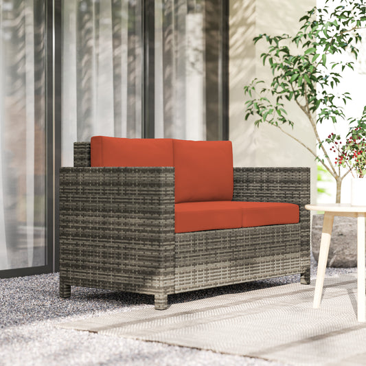 Sofa rattanowa Outsunny, 2-osobowa ogrodowa z miękką wyściółką i podłokietnikami, wiklinowa ogrodowa sofa dwuosobowa na patio, szara