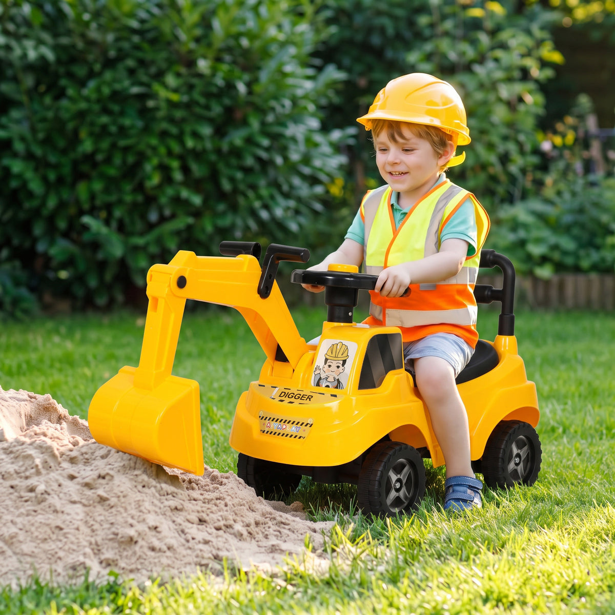 AIYAPLAY Ride On Tractor Digger, Toddler Excavator Toy Car with Adjustable Bucket, Horn, Under Seat Storage for Ages 1-3 Y Yellow