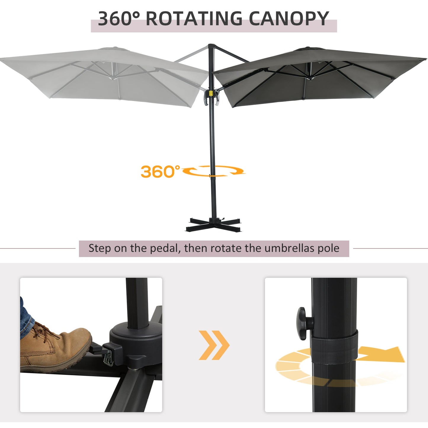 Outsunny 2.5 x 2.5m Patio Offset Parasol Umbrella Cantilever Hanging Aluminium Sun Shade Canopy Shelter 360 Rotation with Crank Handle and Cross Base, Grey