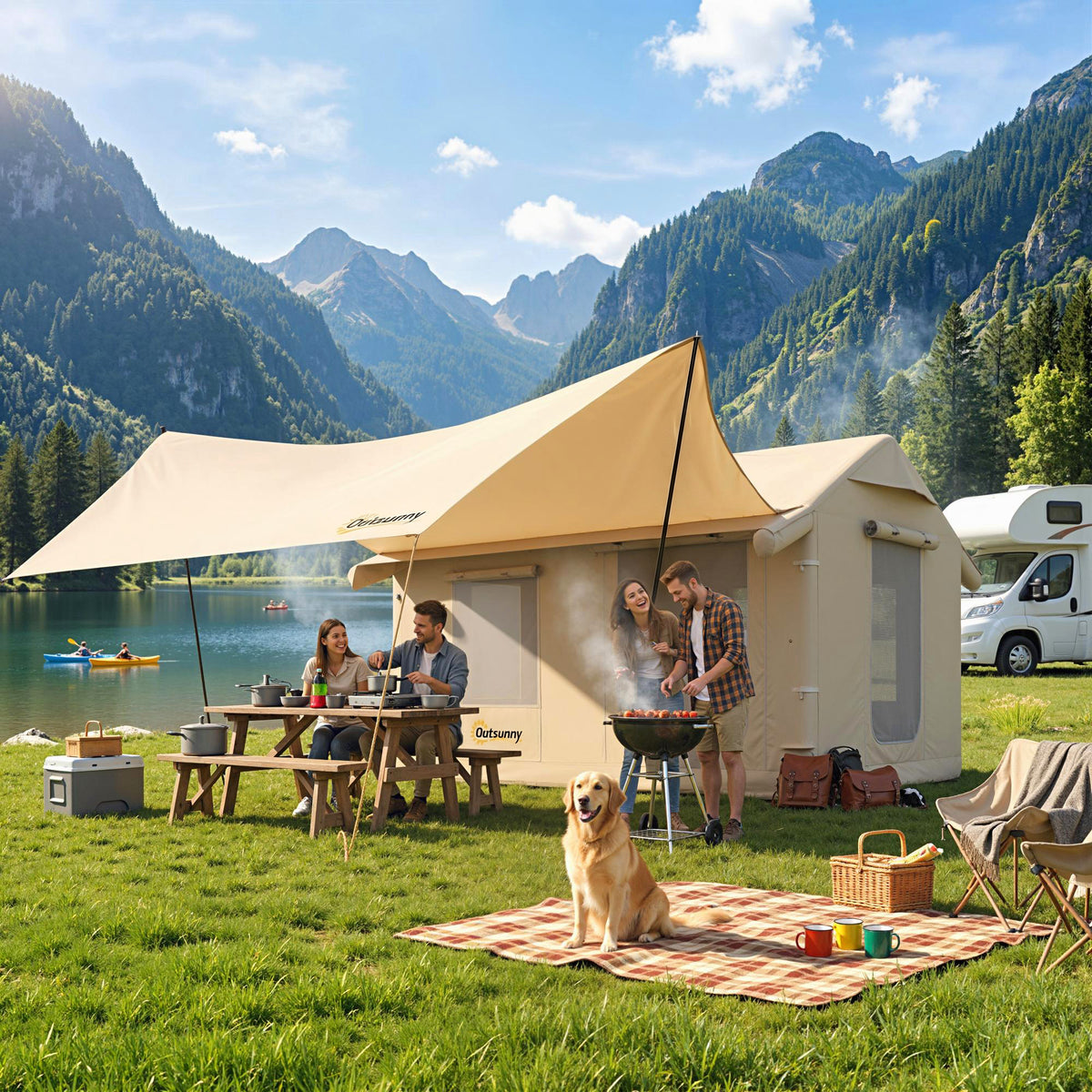 Outsunny Inflatable Tents Waterproof Glamping Tent with Stove Jack for 6-8 Person
