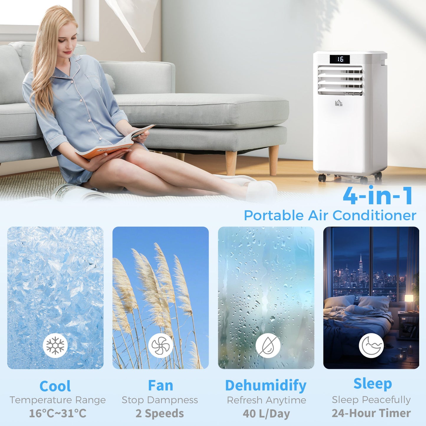 HOMCOM 10000 BTU Air Conditioning Unit, 3-in-1 Portable Air Conditioner, Dehumidifier, Cooling Fan with Remote Control, Digital Display, 2 Speeds, 24H Timer, Window Venting Kit, 22mÂ²