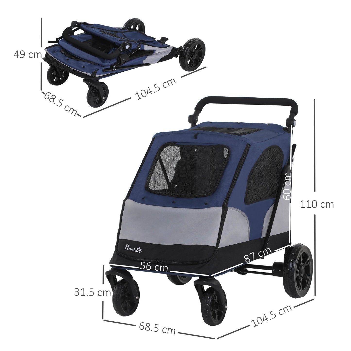 عربة سفر قابلة للطي للكلاب من PawHut مع مقبض قابل للتعديل باللون الأزرق