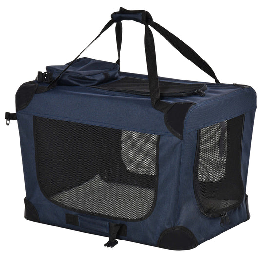 PawHut Pet Carrier Folding Dog Bag Portable Cat Carrier Soft Pet Crate w/ Cushion, 60 x 41.5 x 41 cm, Dark Blue