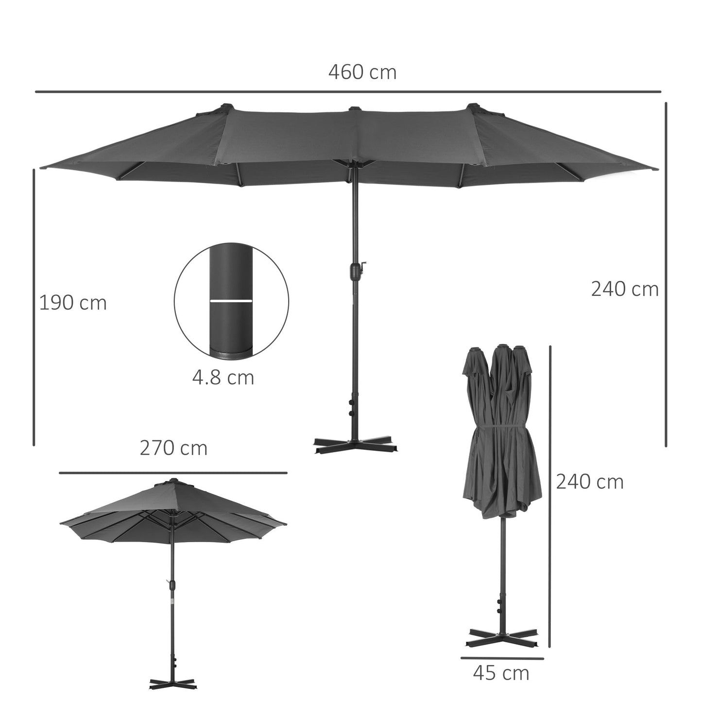 4.6m Garden Parasol Double-Sided Sun Umbrella Patio Market Shelter Canopy Shade Outdoor with Cross Base – Grey