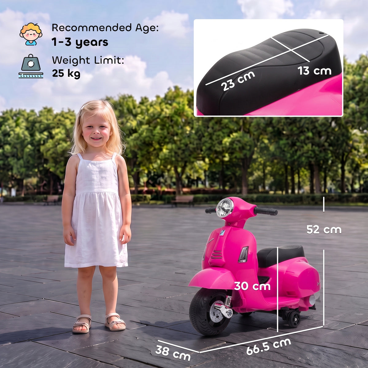 HOMCOM Vespa Licensed 6V Kids Electric Motorbike Ride On Motorcycle Battery Powered for 18-36 Months with Horn, Pink