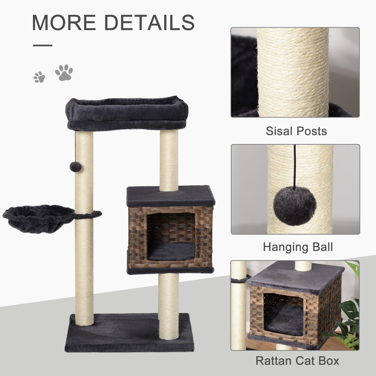 PawHut Cat Tree Tower w/ Sisal Posts Condo Hanging Ball Cushion Perch PE Rattan