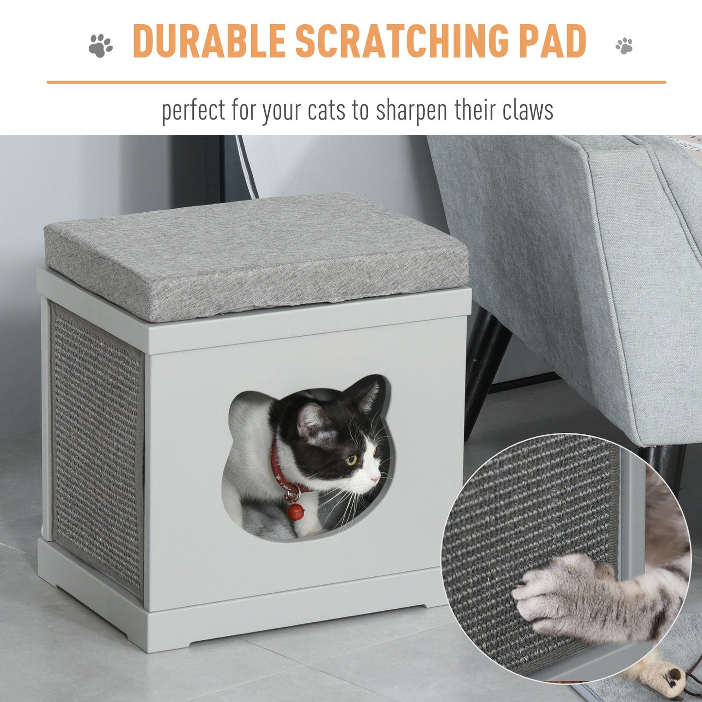 PawHut Wooden Cat House for Small Cat w/ Removable Scratching Pad and Soft Cushion