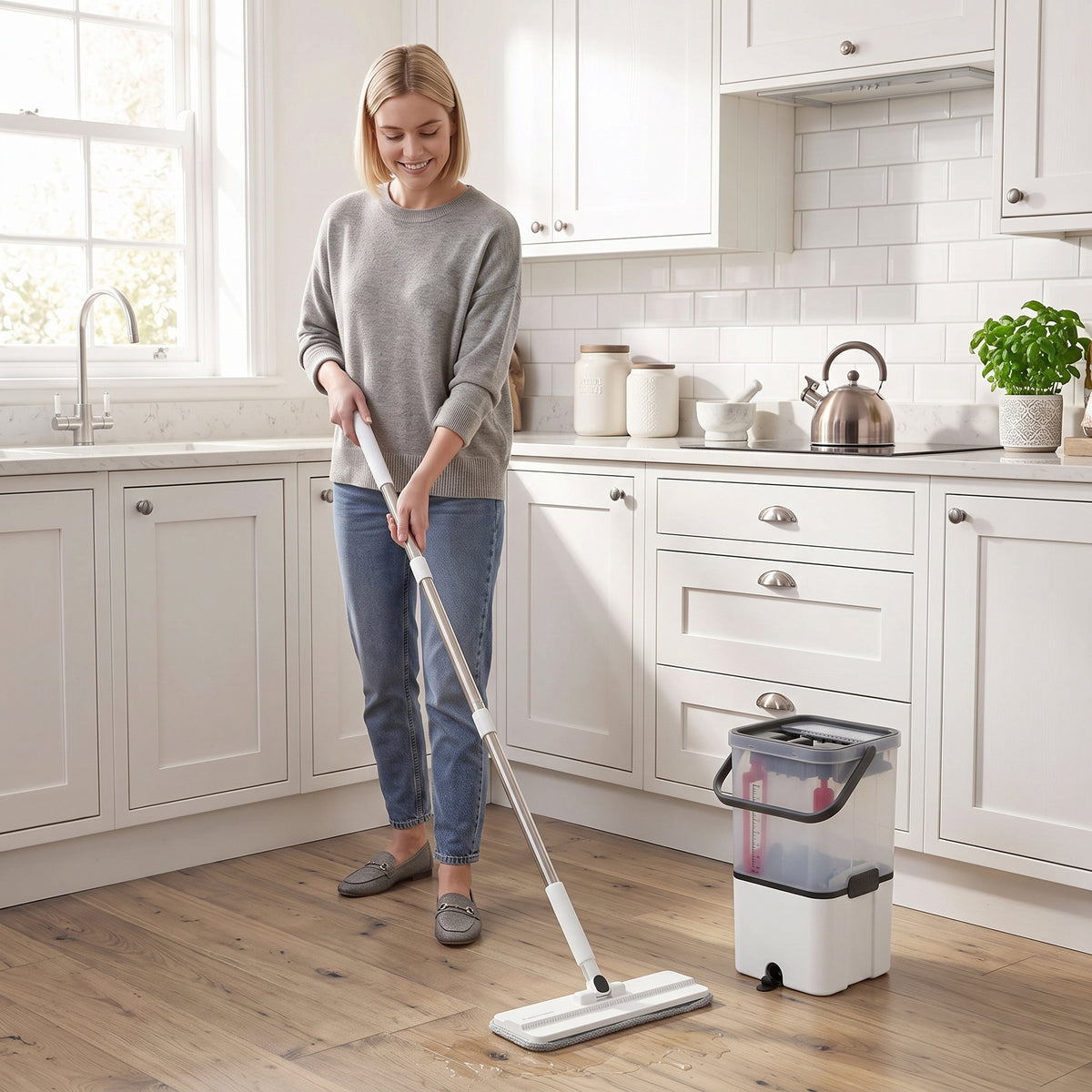 HOMCOM Mop and Bucket Set, Compact Flat Mop and Bucket with Wringer, 2-Port Design, 5 Reusable Microfiber Pads, White