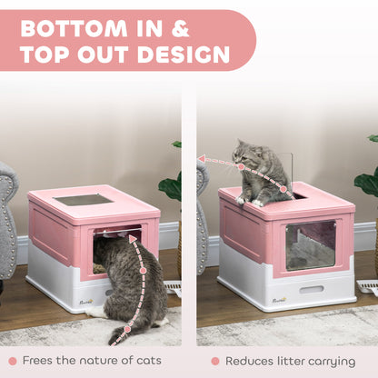 PawHut Hooded Cat Litter Box, przenośna toaleta dla zwierząt, z łopatką, wejście z przodu - różowa