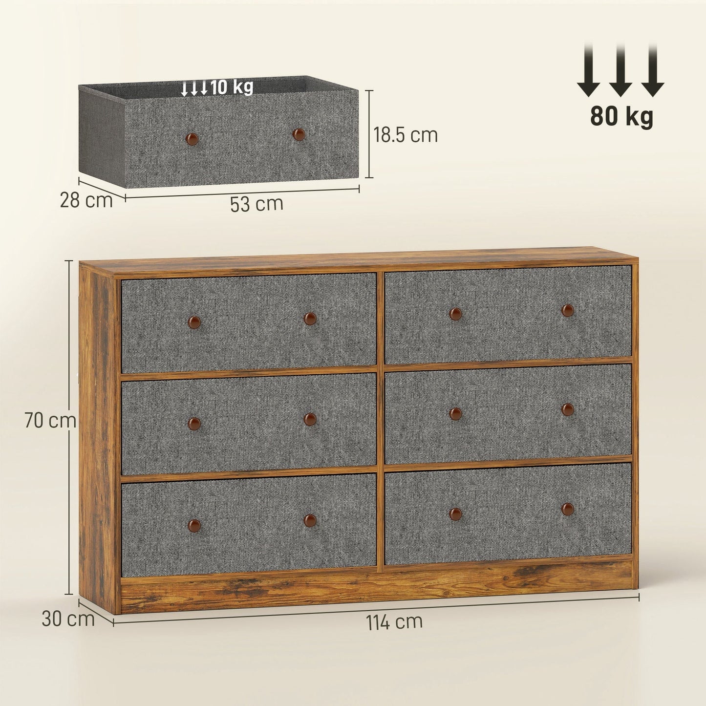 HOMCOM Chest of Drawers, Dresser with 6 Fabric Drawers - Grey and Rustic Brown