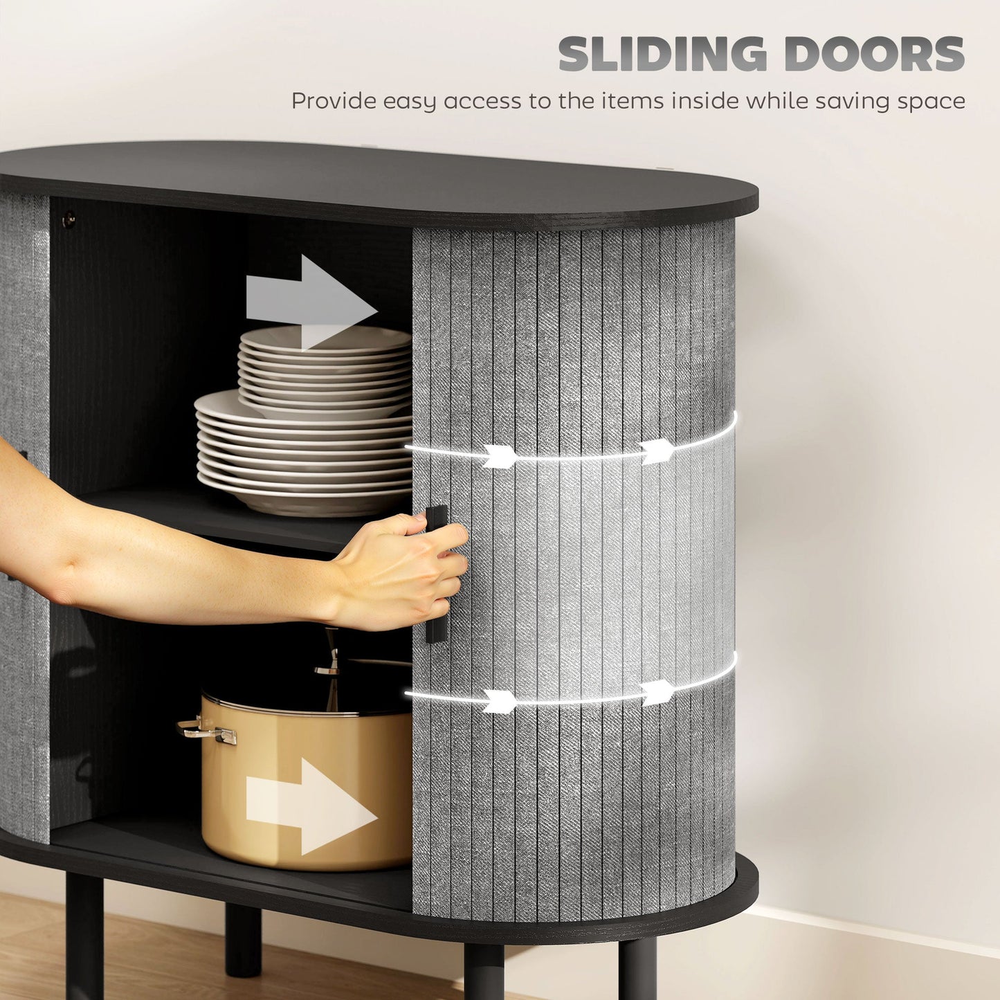 HOMCOM Tambour Sideboard with Fluted Sliding Doors, Modern Kitchen Cupboard with Storage Shelves and Wooden Legs, Grey