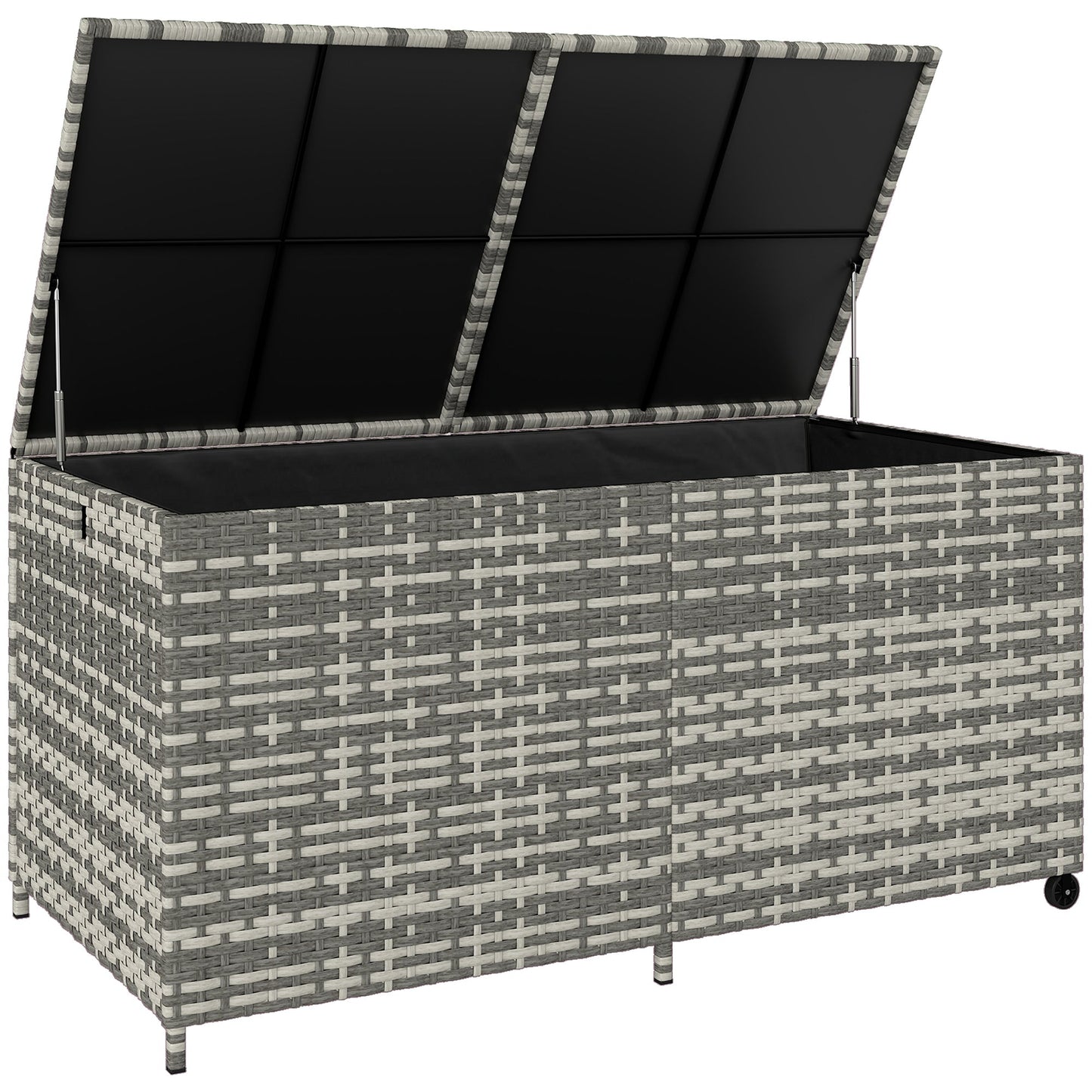 Outsunny 650L Garden Storage Box with 2 Wheels, Rattan Deck Box with Waterproof Zipped Liner, Safe Pneumatic Rods, Mixed Grey