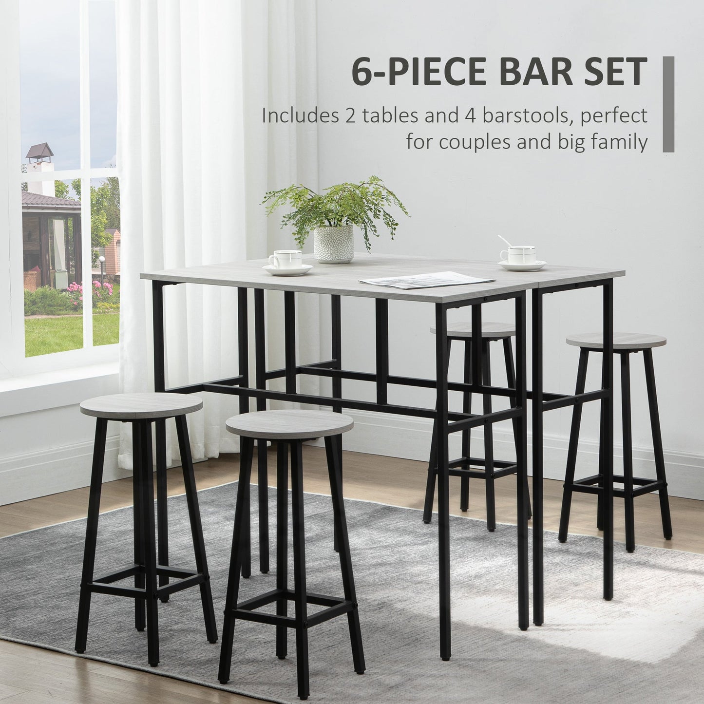 6-Piece Bar Table Set, 2 Breakfast Tables with 4 Stools, Counter Height Dining Tables & Chairs for Kitchen, Living Room, Grey