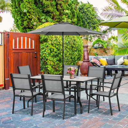 Outsunny 7 Pieces Garden Dining Set, 6 Seater Garden Table and Chairs with Parasol Hole, Outdoor Furniture Armchairs and Stone-like Plastic Top Table with Breathable Mesh Fabric Seat, Grey