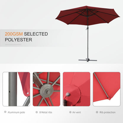 Outsunny Cantilever Roma Parasol Garden Sun Umbrella 360° Rotation w/ Cross Base-Wine Red