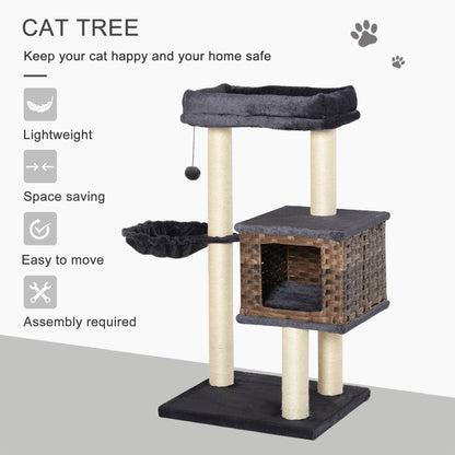 PawHut Cat Tree Tower w/ Sisal Posts Condo Hanging Ball Cushion Perch PE Rattan