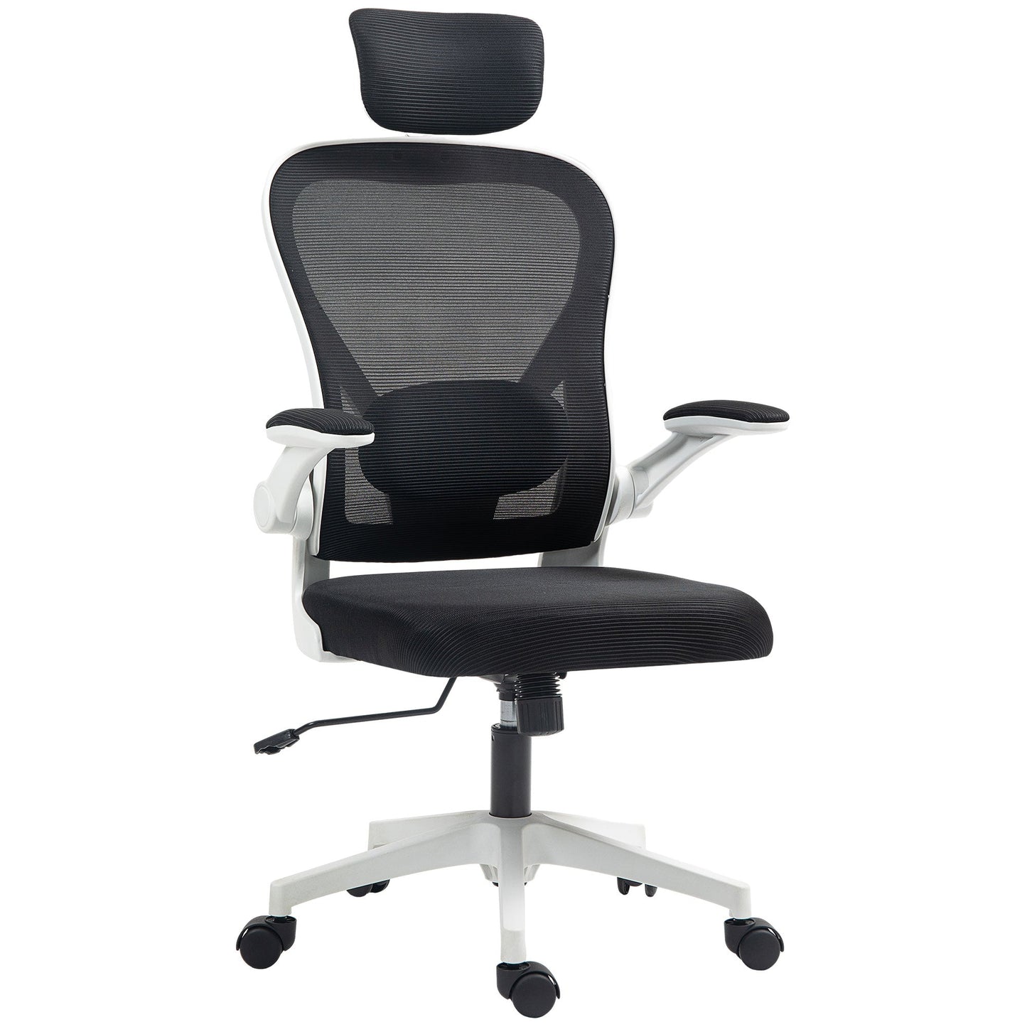 Fotel biurowy HOMCOM Executive, ergonomiczny fotel biurowy z wysokim oparciem i siatką, podnoszonym podłokietnikiem, obrotowym zagłówkiem, regulowanym podparciem lędźwiowym, obrotowy fotel komputerowy do nauki w domu, czarny