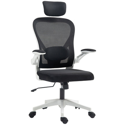 Fotel biurowy HOMCOM Executive, ergonomiczny fotel biurowy z wysokim oparciem i siatką, podnoszonym podłokietnikiem, obrotowym zagłówkiem, regulowanym podparciem lędźwiowym, obrotowy fotel komputerowy do nauki w domu, czarny