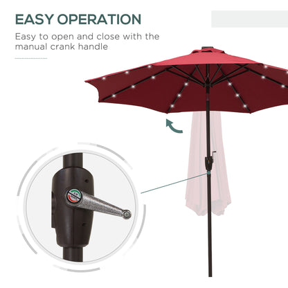 Outsunny Φ2.7m Garden 24 LED Light Parasol Solar Outdoor Tilt Sun Umbrella Patio Club Party Event Manual Sun Shade w/ Hand Crank and 8 Ribs Red