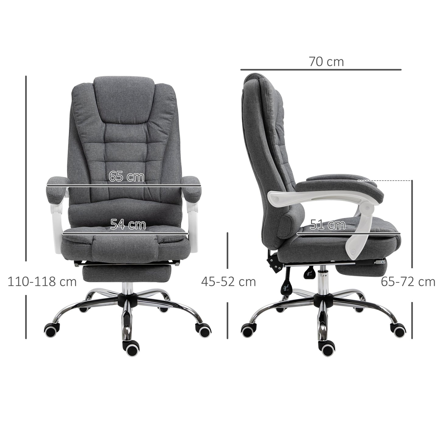 Vinsetto Office Chair, Computer Desk Chair, Linen Fabric Swivel Rolling Task Chair with Large Soft Padded Cushion, 135 Reclining Backrest and Retractable Footrest, Grey