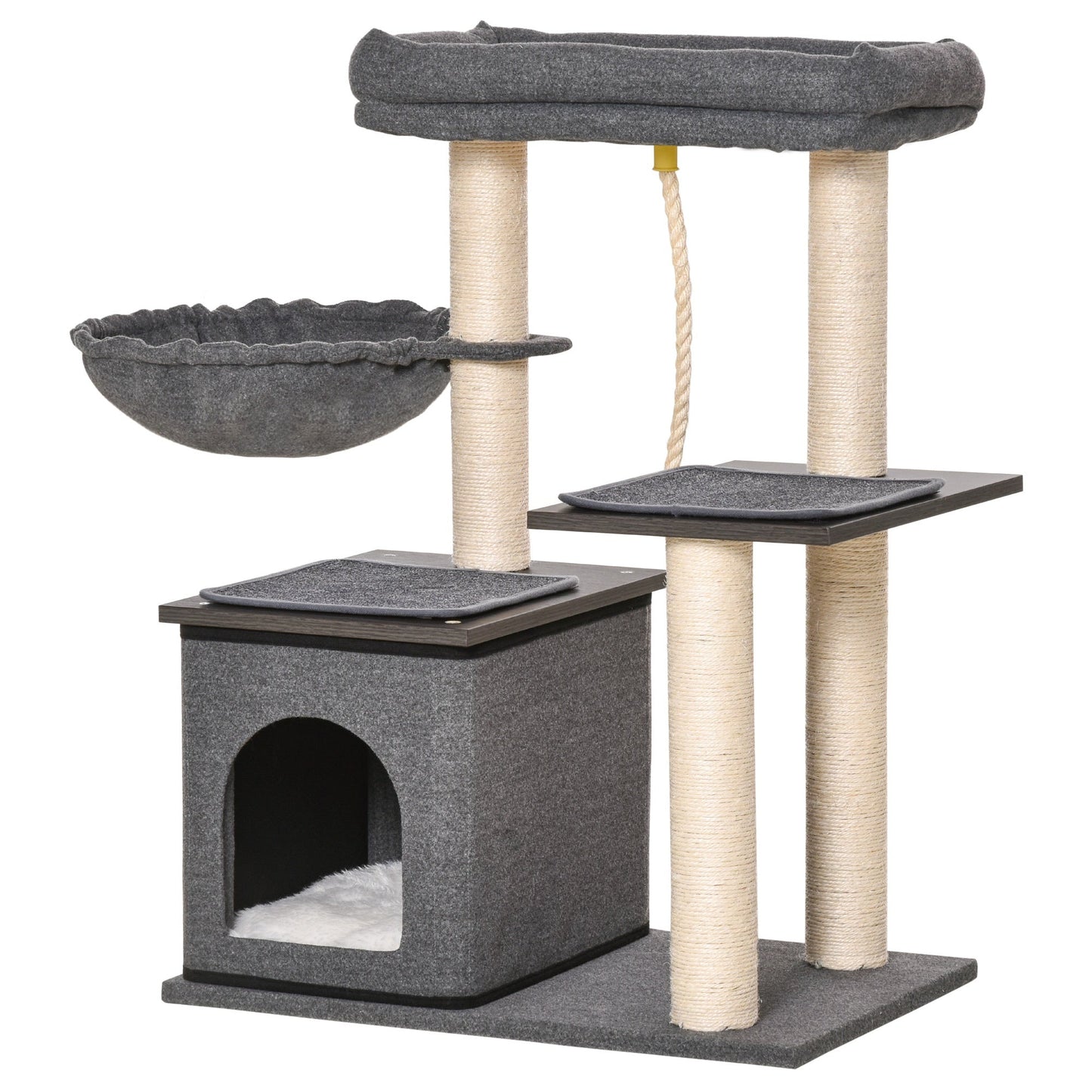 PawHut Cat Tree with Sisal Scratching Post Bed Condo Perch Teasing Rope Dark Grey