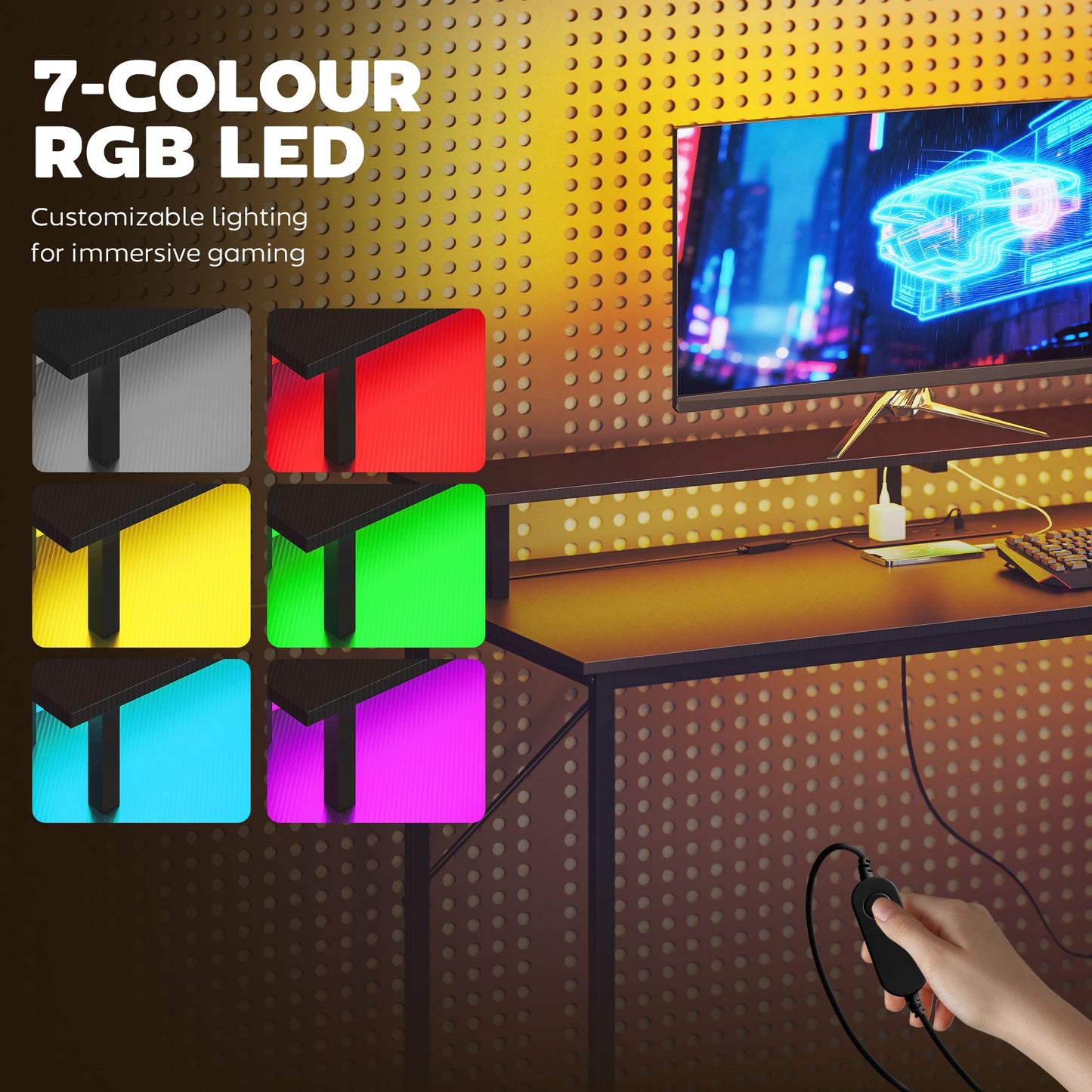 HOMCOM 147cm Gaming Desk with Charging Station and Monitor Stand, Computer Table for Home Office with RGB Lights, Black