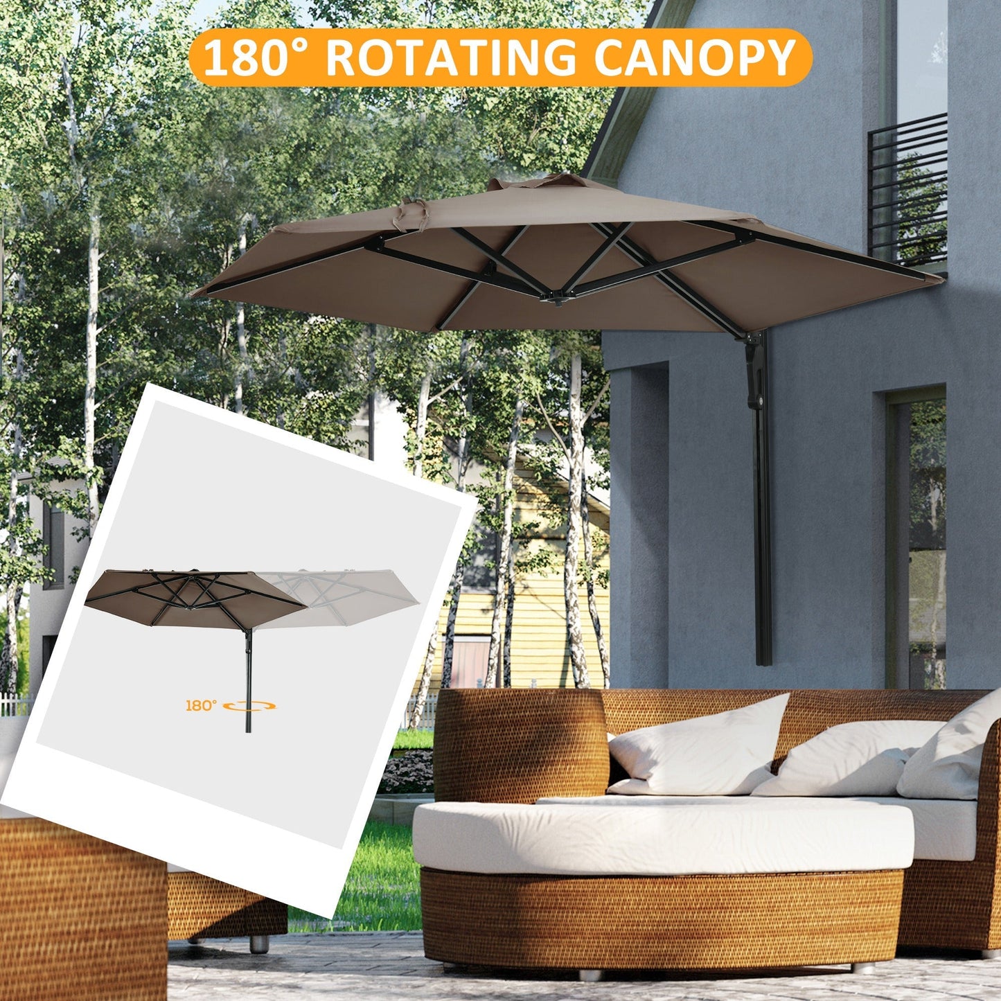 Outsunny Wall Mounted Parasol, Hand to Push Outdoor Patio Umbrella with 180 Degree Rotatable Canopy for Porch, Deck, Garden, 250 cm, Khaki