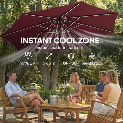 Outsunny 3 m Garden Cantilever Parasol with LED Solar Light, Round Overhanging Umbrella with 360 degrees Rotation, Cover, Wine Red