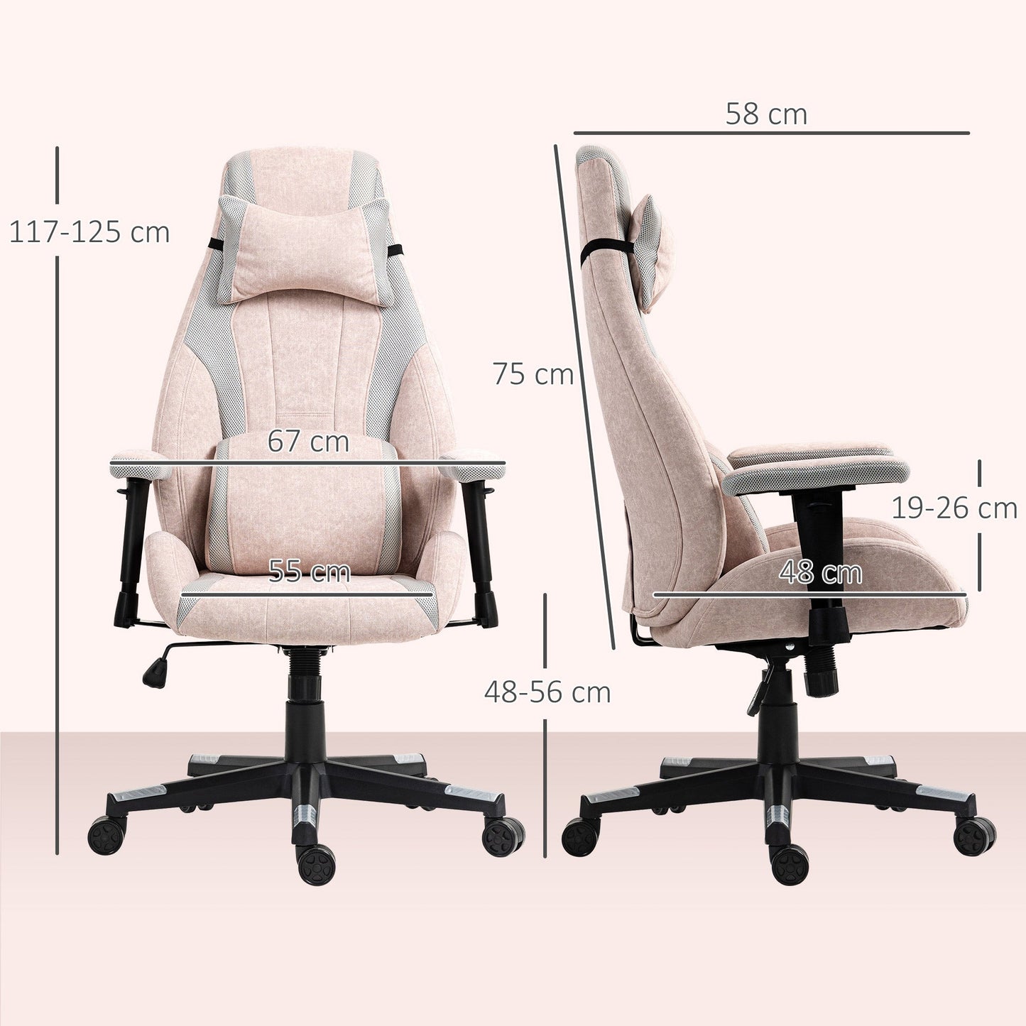HOMCOM Fabric Gaming Chair with Lumbar Support, Headrest - Pale Pink