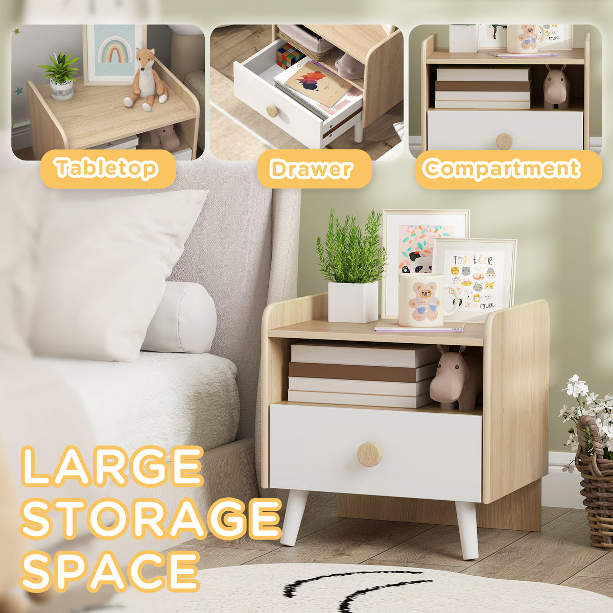 AIYAPLAY Kids Bedside Table in Natural Wood and White Drawer and Legs, image 4