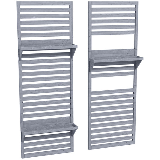 Outsunny Wall Mounted Plant Stands Set of 2, Fir Wood Flower Stand with Shelves and Slatted Trellis for Patio, Balcony, Porch