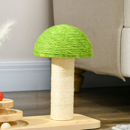 PawHut Mushroom-Shaped Cat Scratching Post, with Toy Balls, Feather for Indoor Cats, 35 x 21 x 26cm - Natural Tone