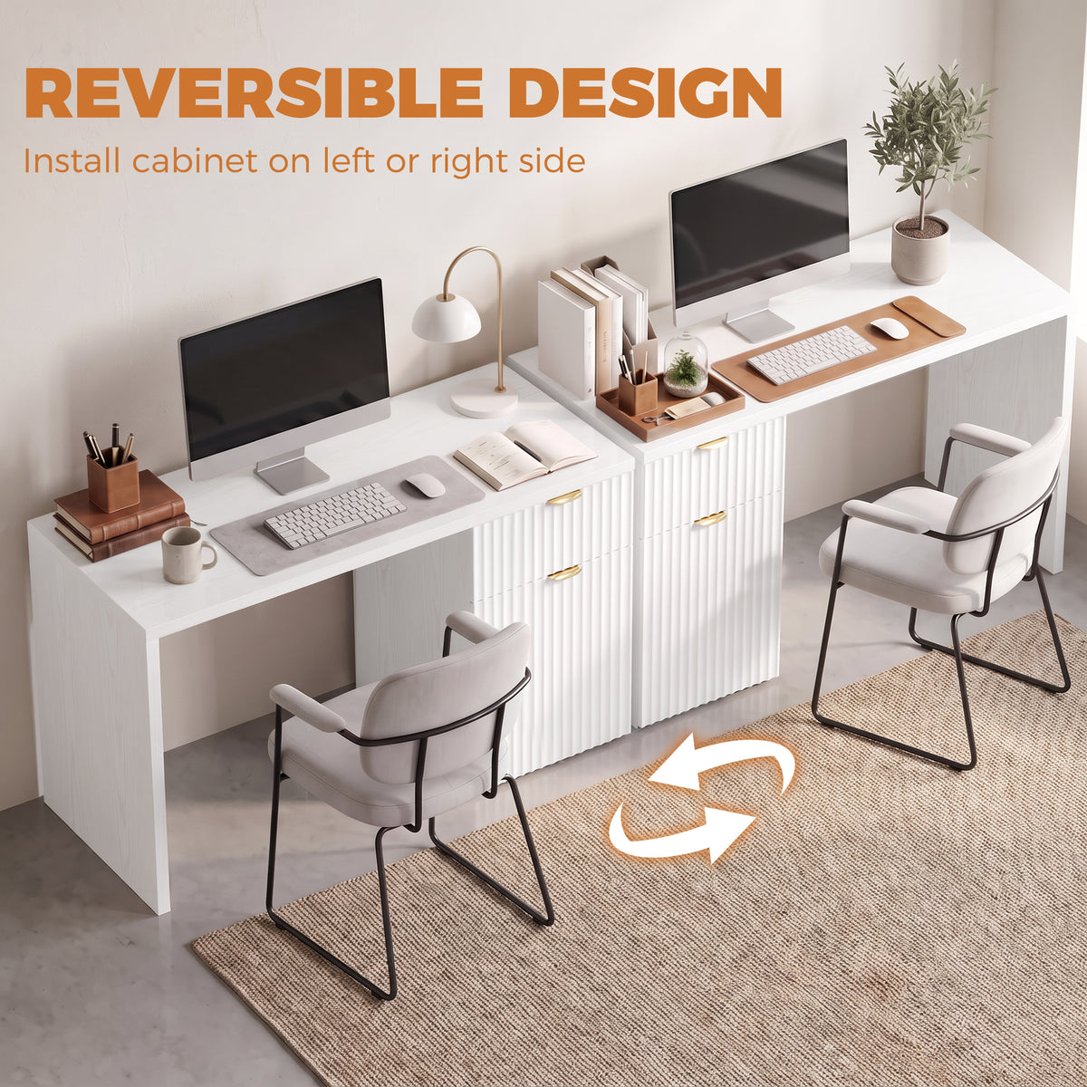 HOMCOM Computer Desk with Drawer, 120 cm Reversible Office Desk, Cabinet, Adjustable Shelf, Thick Top, White
