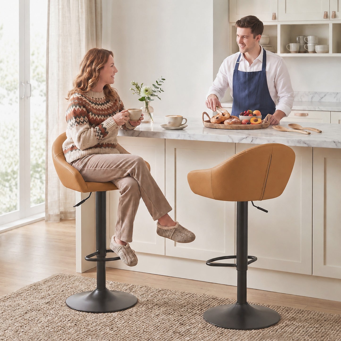 HOMCOM Bar Stools Adjustable Heights Breakfast Bar Stools Backrest Armrests Set of 2, Brown