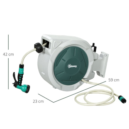 Outsunny Retractable Hose Reel Wall Mounted, 30+2m Garden Hose Pipe Reel with Lock, Auto Rewind, 7 in 1 Spray Nozzle, Includes Wall Fixings, 180 Swivel, Outdoor Watering, Grey