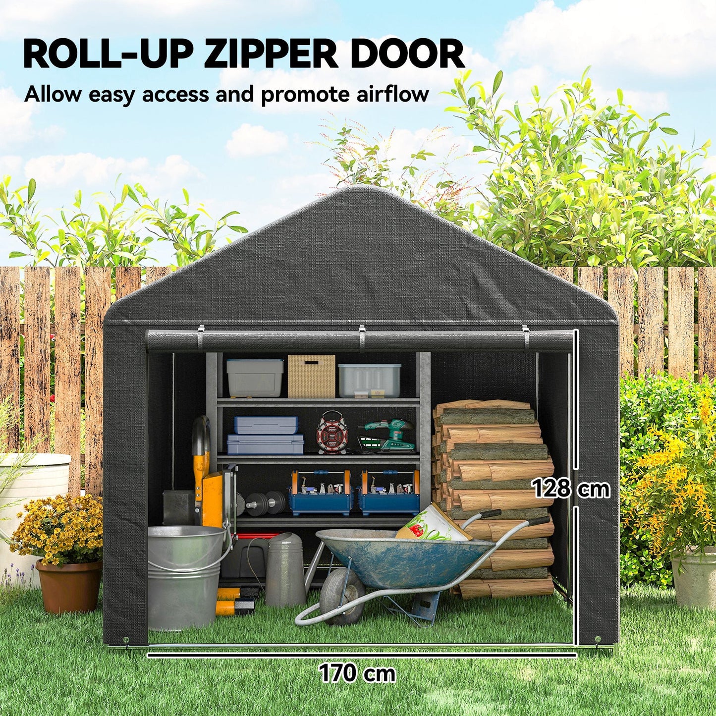 Outsunny 6.6 x 7.8ft Outdoor Garden Storage Shed, Waterproof Bike Tent with Roll-up Zipper Door, Galvanised Metal Frame, Portable Shed Shelter Carport for Motorcycle Garden Tools, Dark Grey
