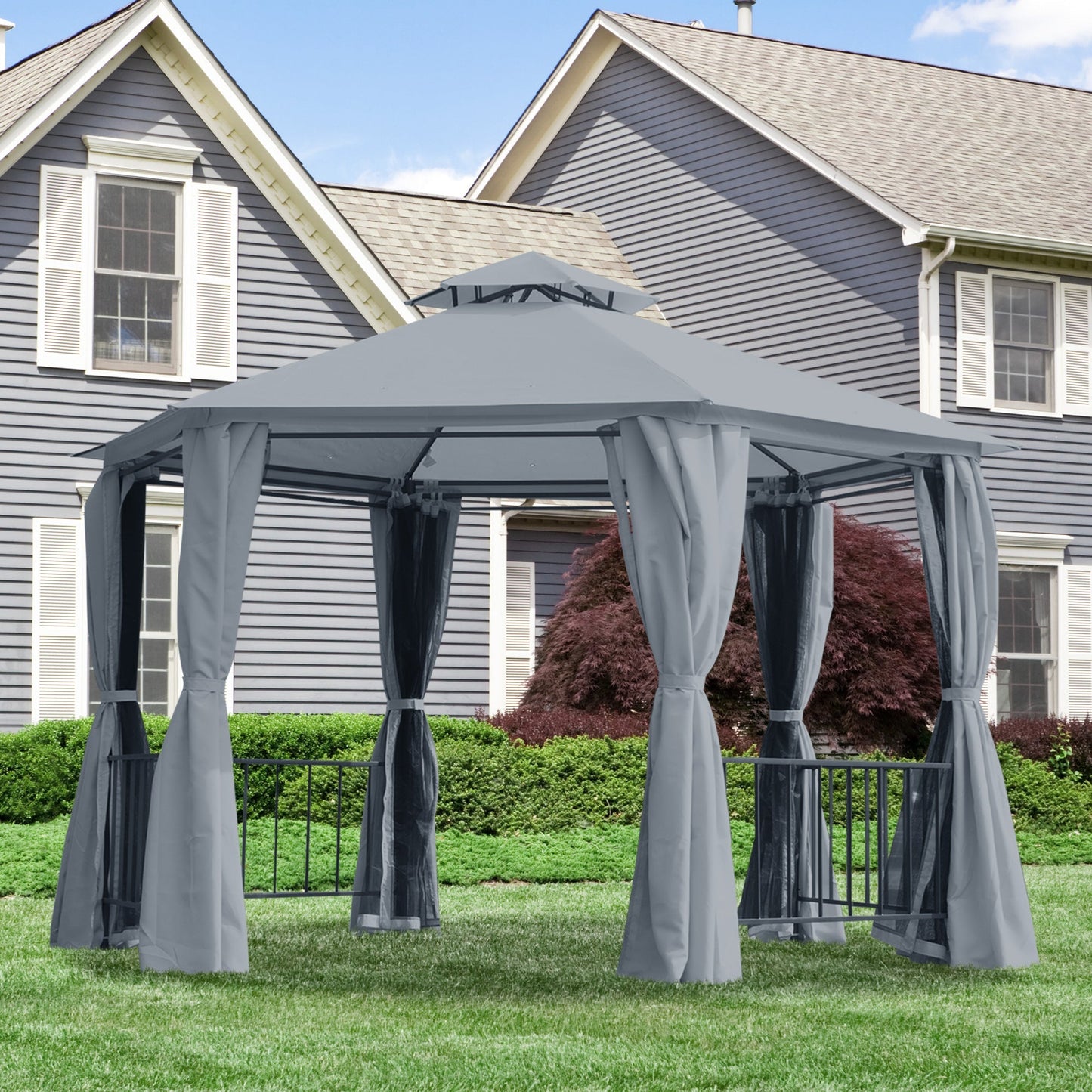 Outsunny Hexagon Gazebo Patio Canopy Party Tent Outdoor Garden Shelter w/ 2 Tier Roof &amp; Side Panel - رمادي