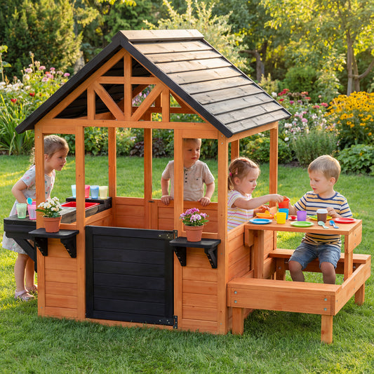 AIYAPLAY Wooden Playhouse Playhouse for Kids with Table, Benches, Sink Table, Windows, Flowerpot Holders, for Ages 3-8, Brown