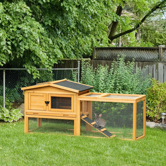 PawHut 2 Level Wooden Rabbit Bunny Guinea Pig Hutch w/ Outdoor Run Water Resistant Roof Pull out Tray Ramp 150 x 52.5 x 68 cm, Yellow